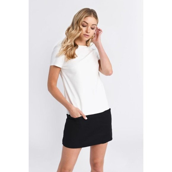 Tobi Sz. XS Claire Color Block Shift Dress Ivory/Black Backless W/ Front Pockets - Picture 2 of 10